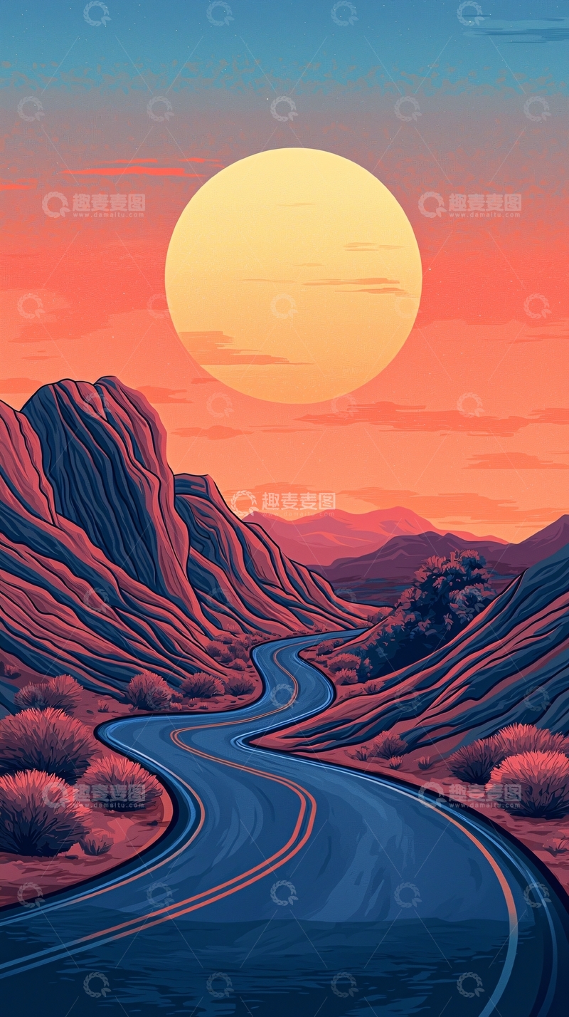 高清大图下载【趣麦麦图】夕阳下的蜿蜒山路