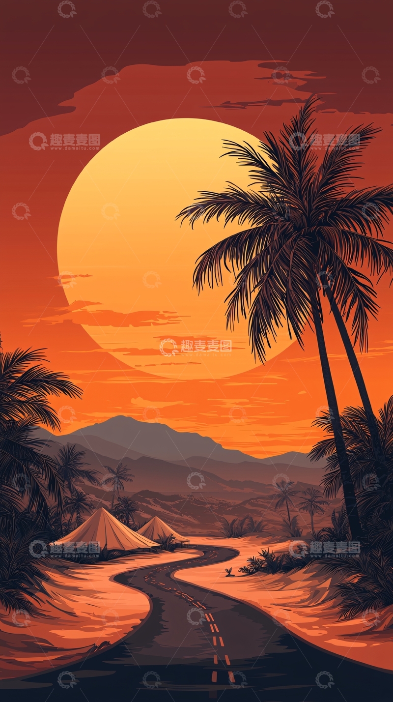 高清大图下载【趣麦麦图】日落海滩帐篷露营场景