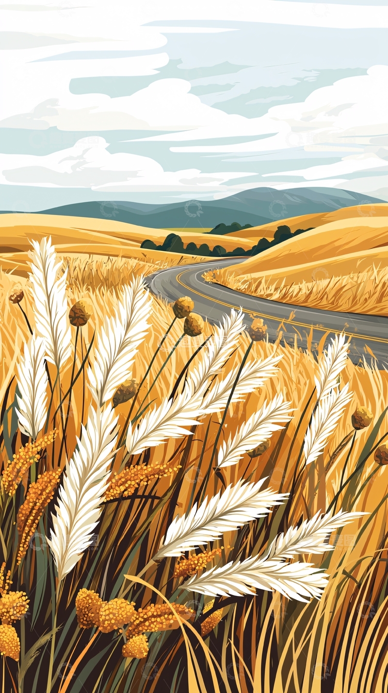 高清大图下载【趣麦麦图】金色麦田与蜿蜒道路