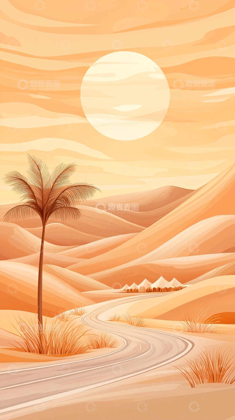 高清大图下载【趣麦麦图】沙漠日落下的椰子树
