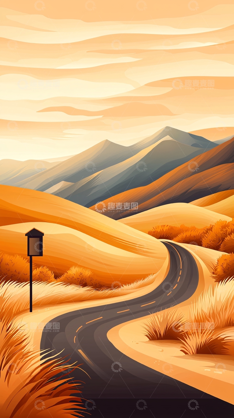 高清大图下载【趣麦麦图】沙漠公路风景插画