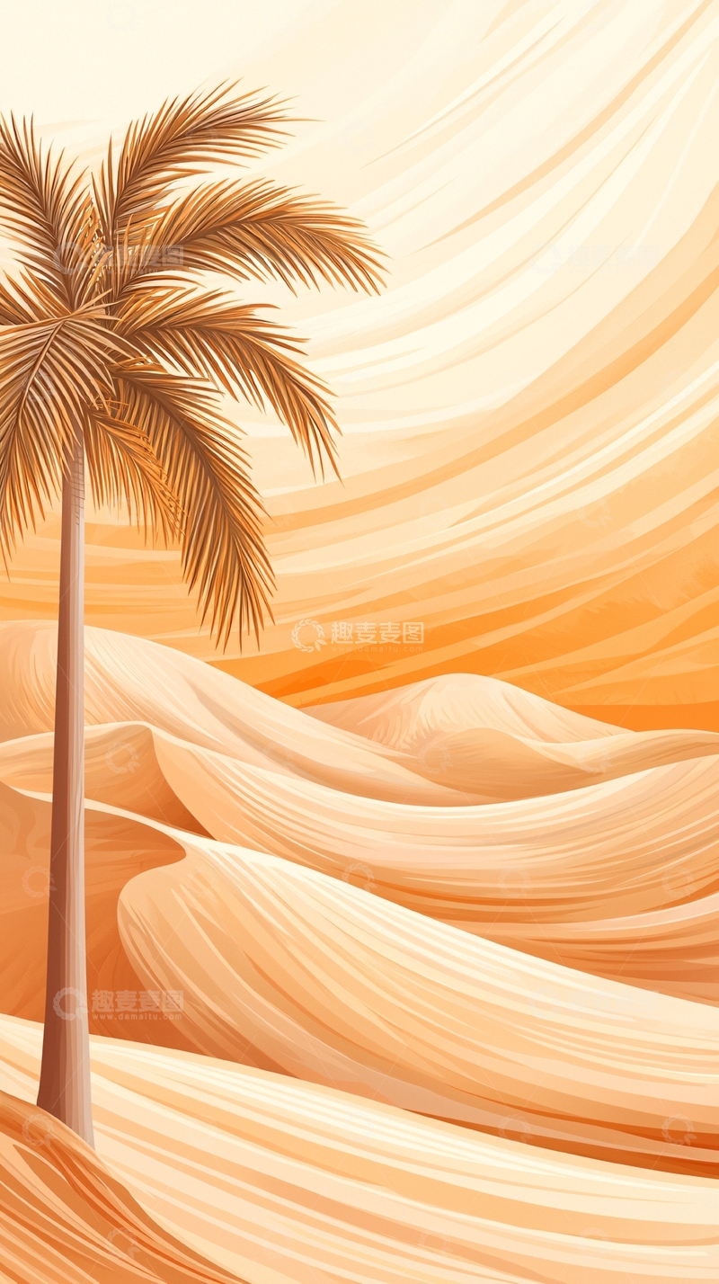 高清大图下载【趣麦麦图】沙漠椰子树风景插画