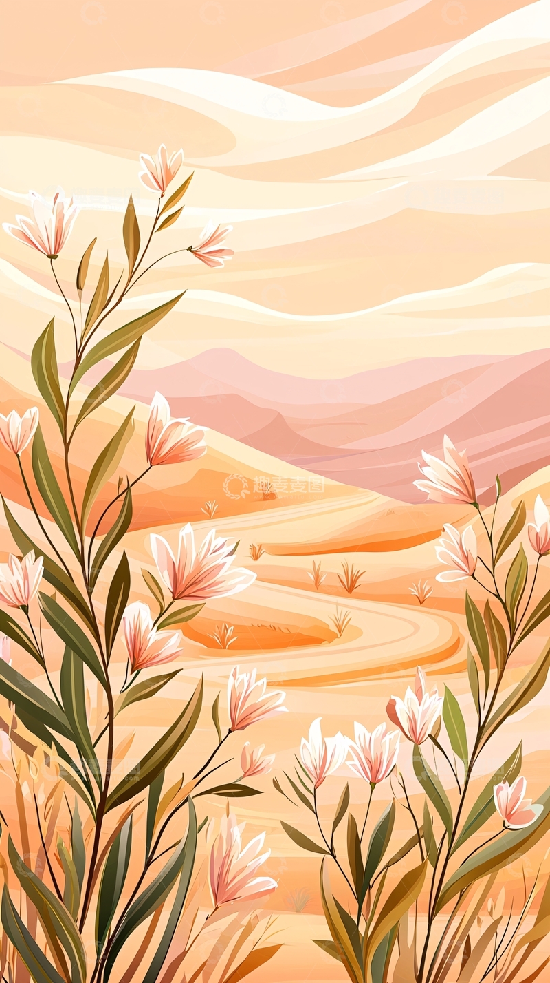 高清大图下载【趣麦麦图】沙漠花海风景插画