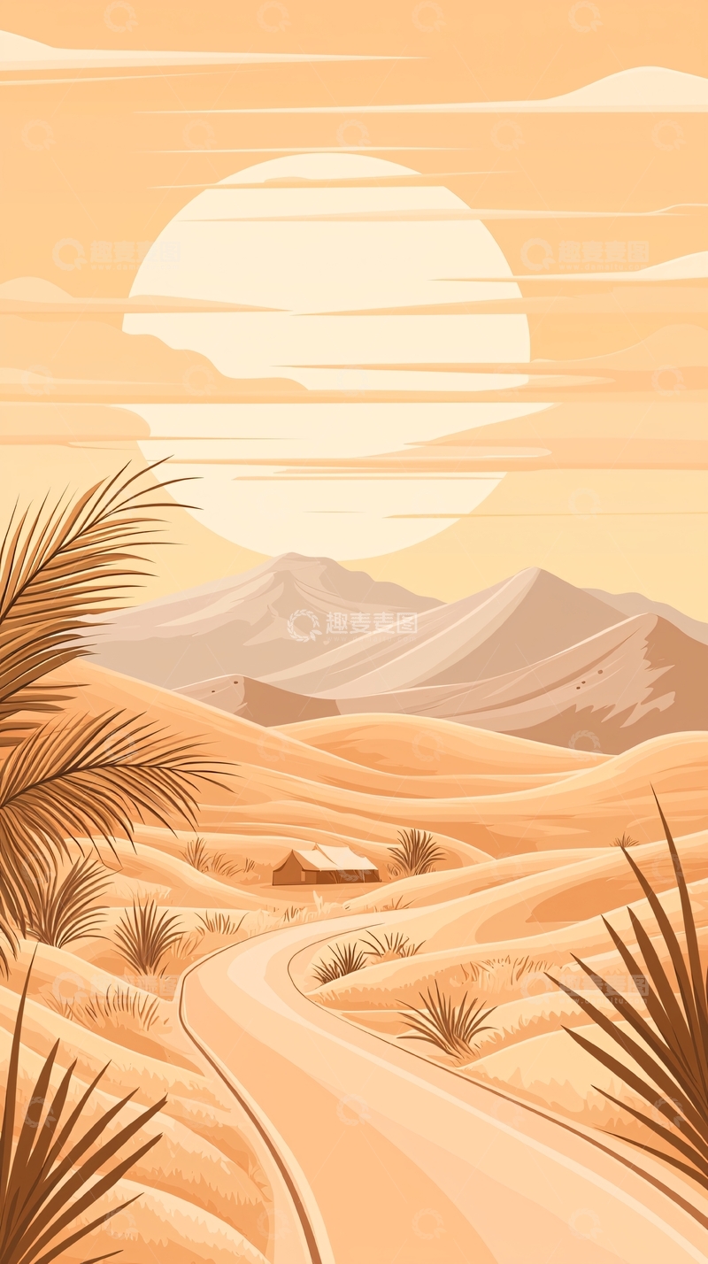 高清大图下载【趣麦麦图】沙漠中的小屋与日落