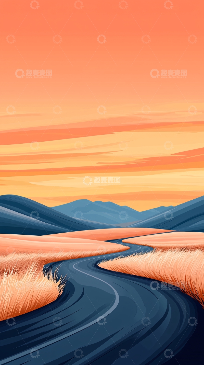 高清大图下载【趣麦麦图】蜿蜒山路日落风景