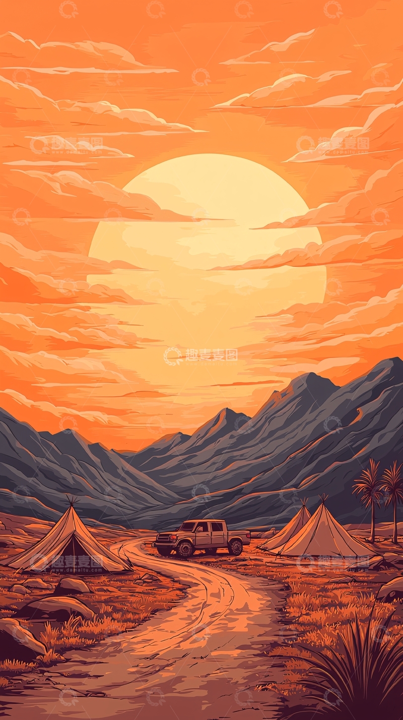 高清大图下载【趣麦麦图】夕阳下的山间露营场景