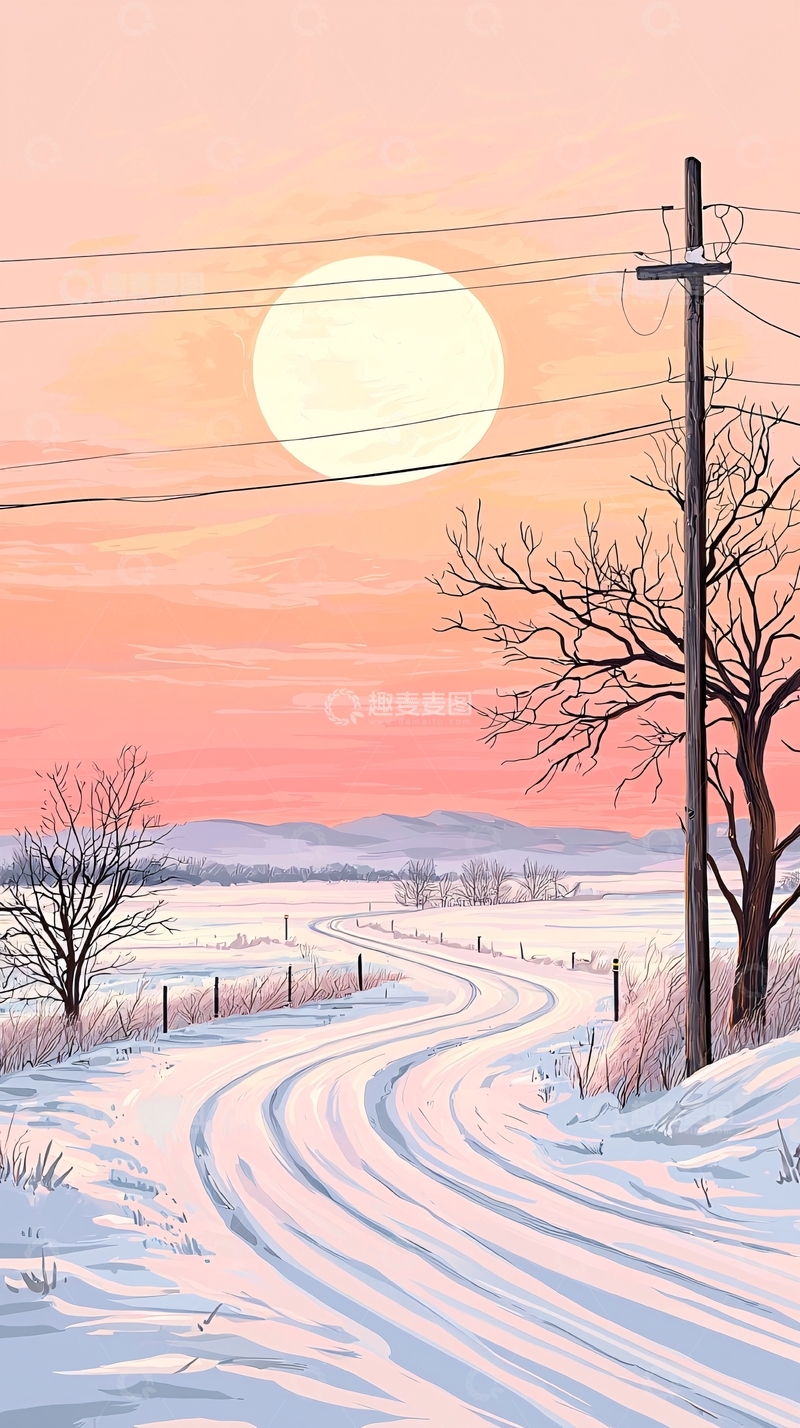 高清大图下载【趣麦麦图】冬日雪景夕阳下的乡村小路