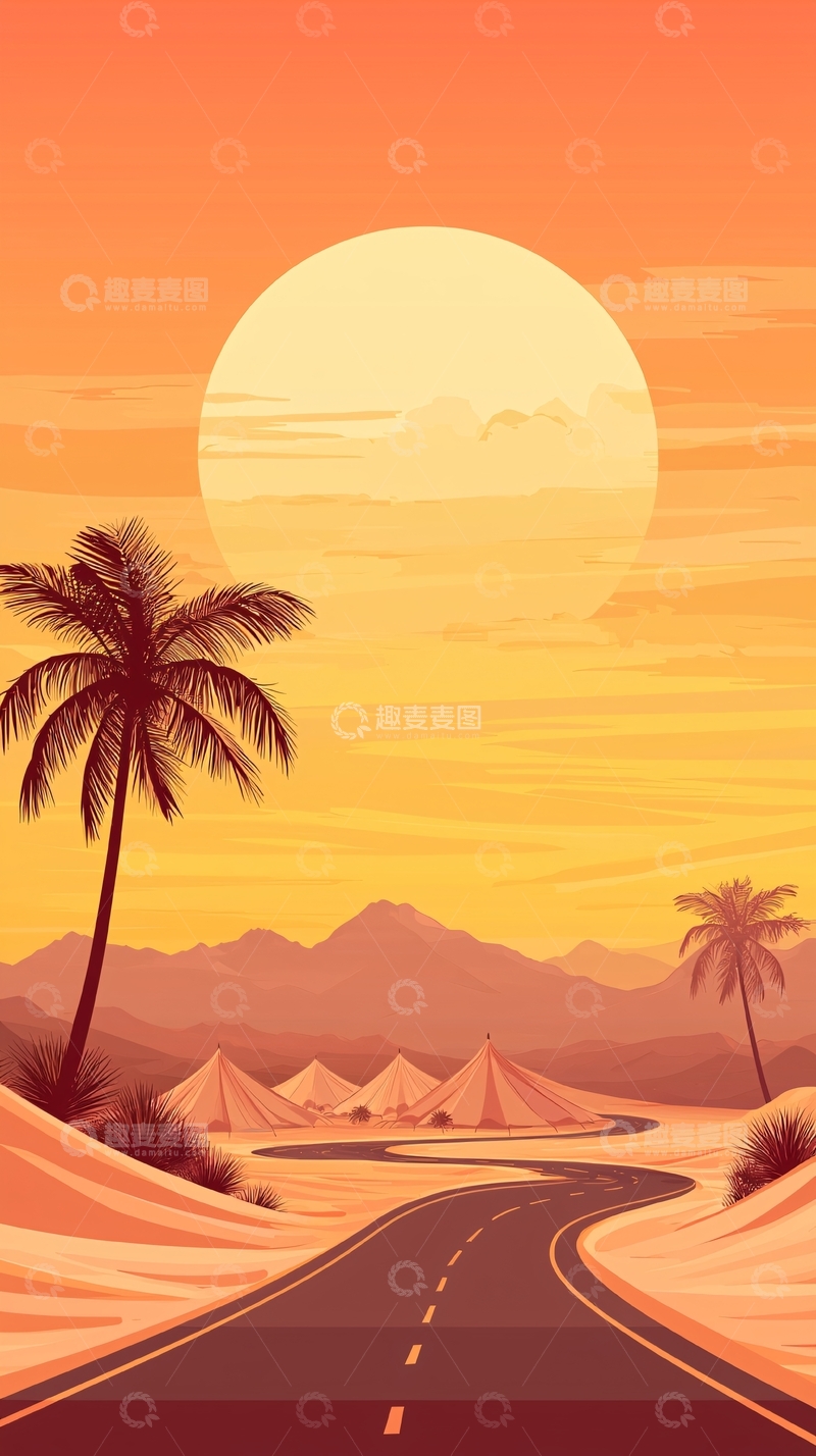 高清大图下载【趣麦麦图】沙漠日落帐篷露营场景