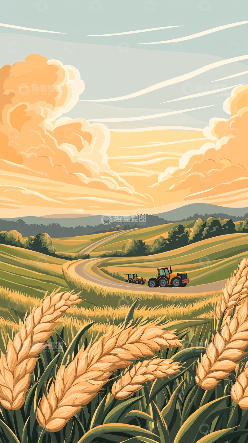 高清大图下载【趣麦麦图】秋日田野收割机行驶图
