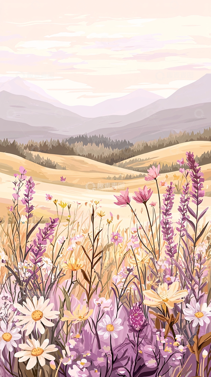 高清大图下载【趣麦麦图】山野花海风景插画