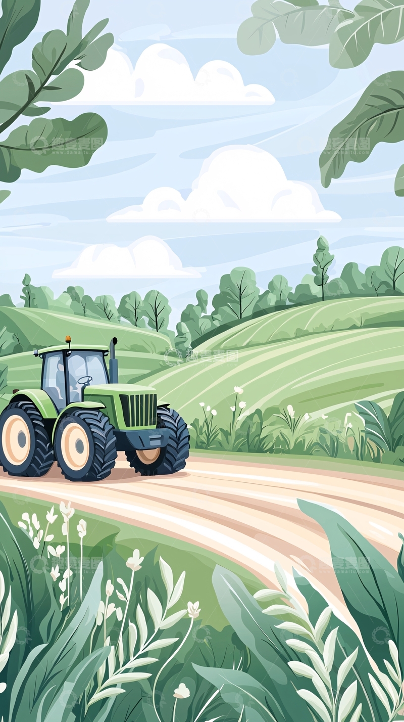 高清大图下载【趣麦麦图】绿色田野上的拖拉机