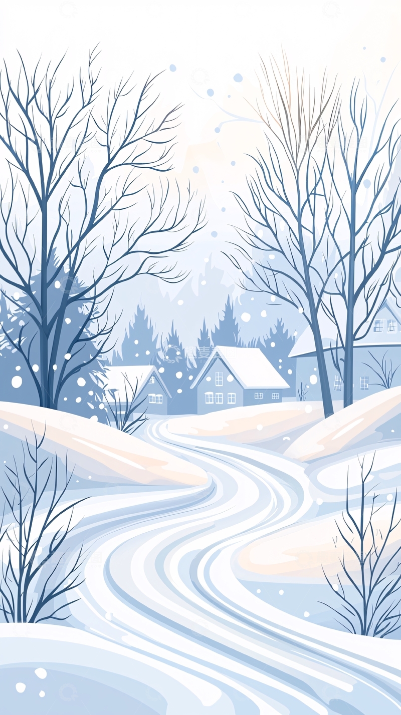 高清大图下载【趣麦麦图】冬日雪景小路村庄
