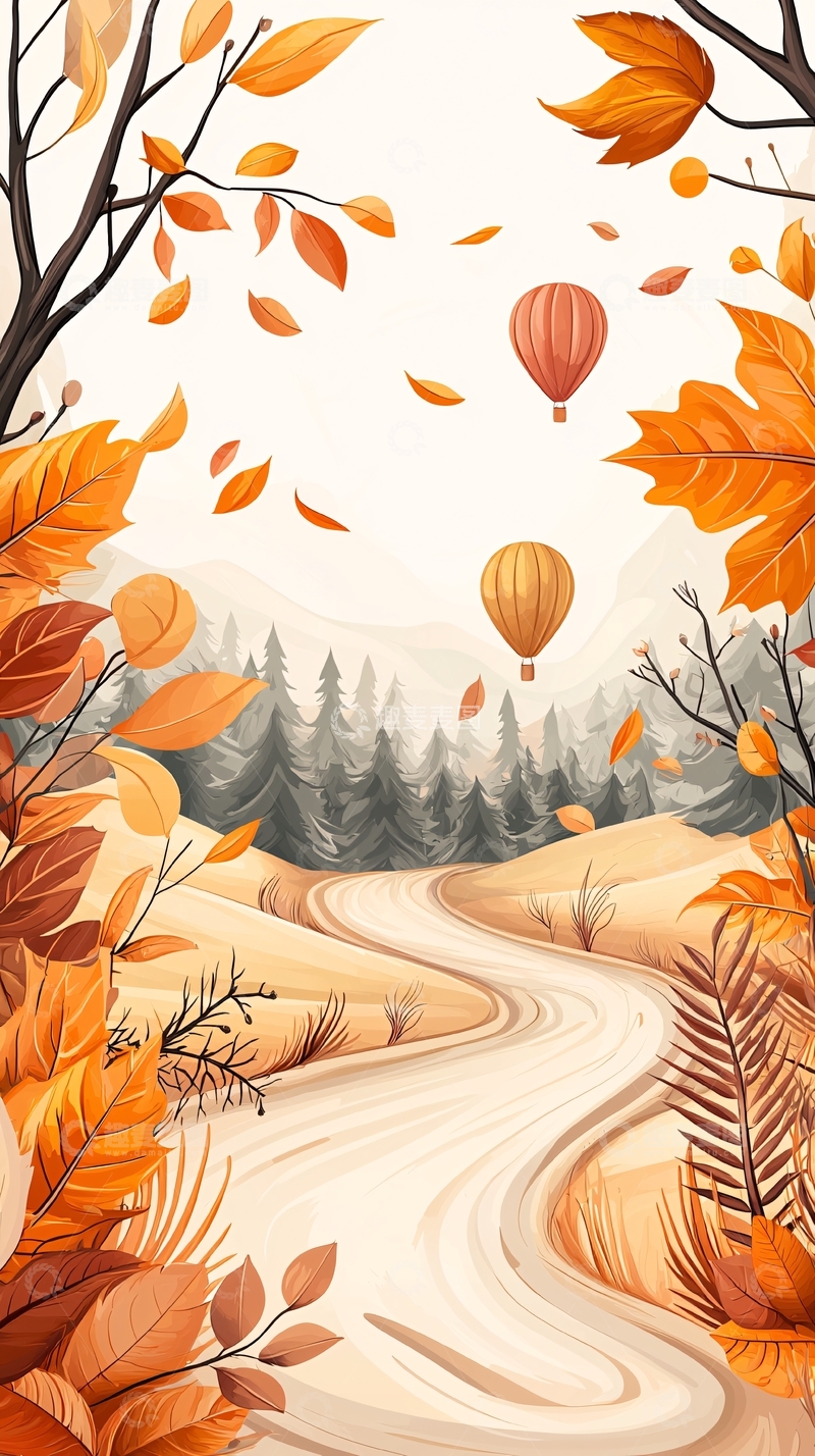 高清大图下载【趣麦麦图】秋日森林热气球风景