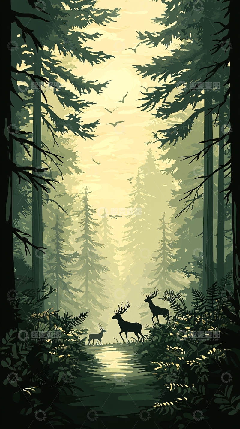 高清大图下载【趣麦麦图】晨光森林中的鹿群