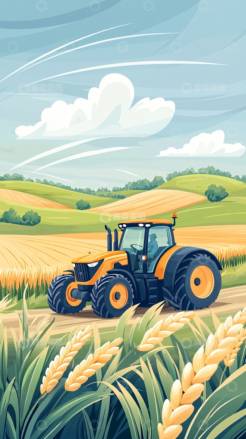 高清大图下载【趣麦麦图】农田收割机插画