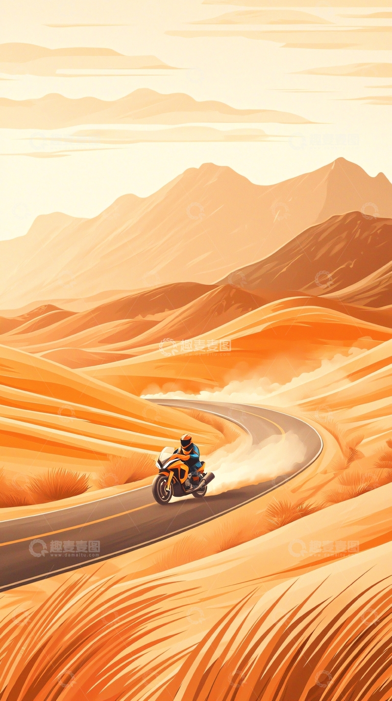 高清大图下载【趣麦麦图】沙漠公路骑摩托车风景图