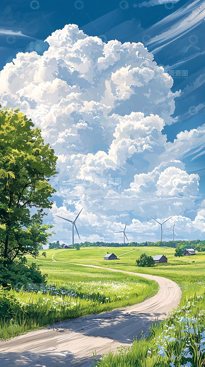 高清大图下载【趣麦麦图】蓝天白云下的乡村风光