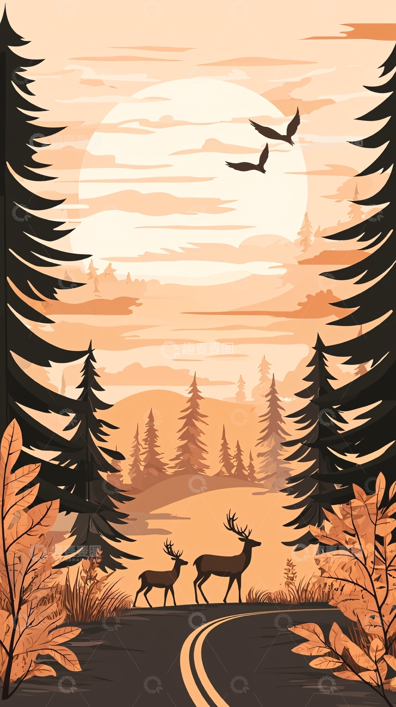 高清大图下载【趣麦麦图】秋日森林中的鹿与鸟