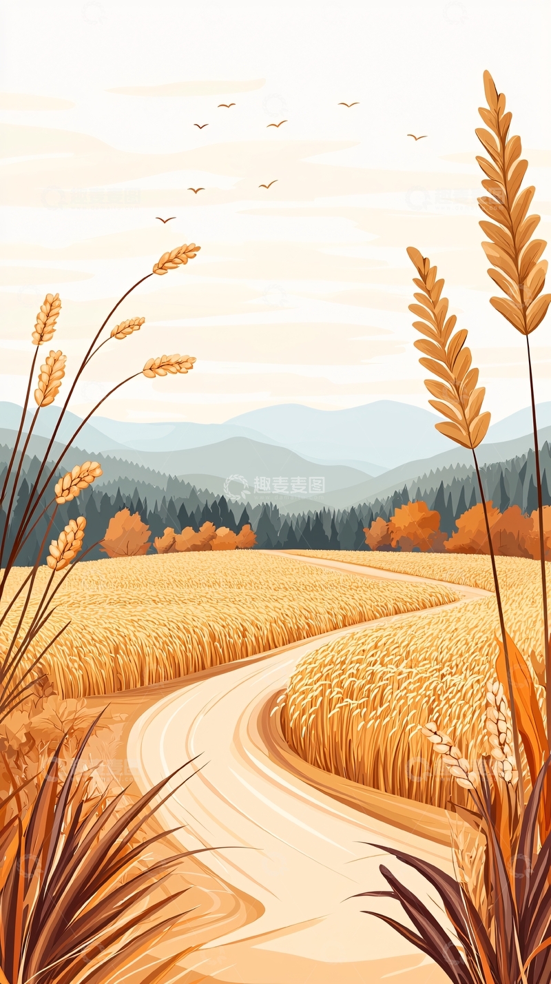 高清大图下载【趣麦麦图】秋日田野风景插画