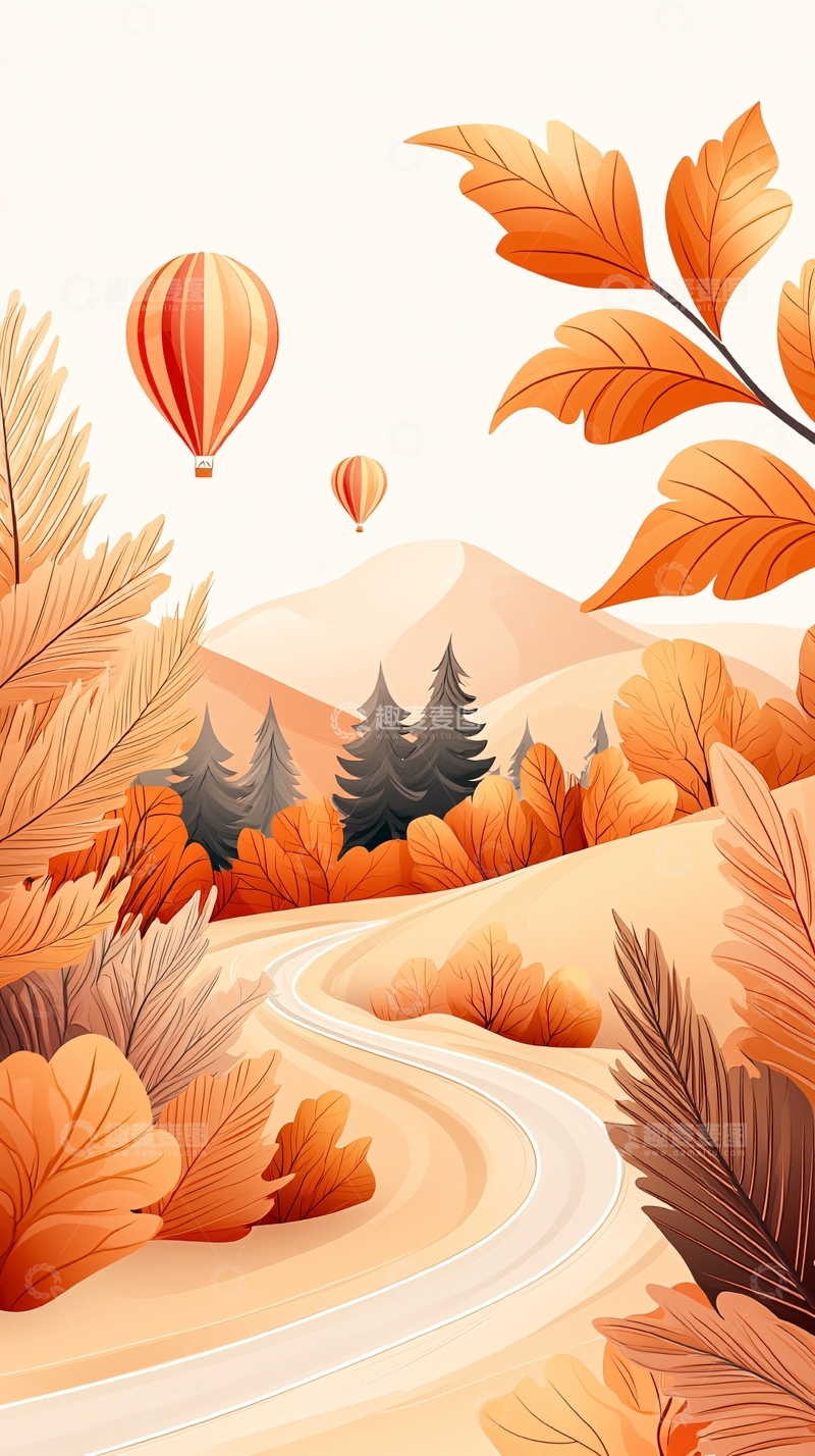 高清大图下载【趣麦麦图】秋日热气球与蜿蜒小路