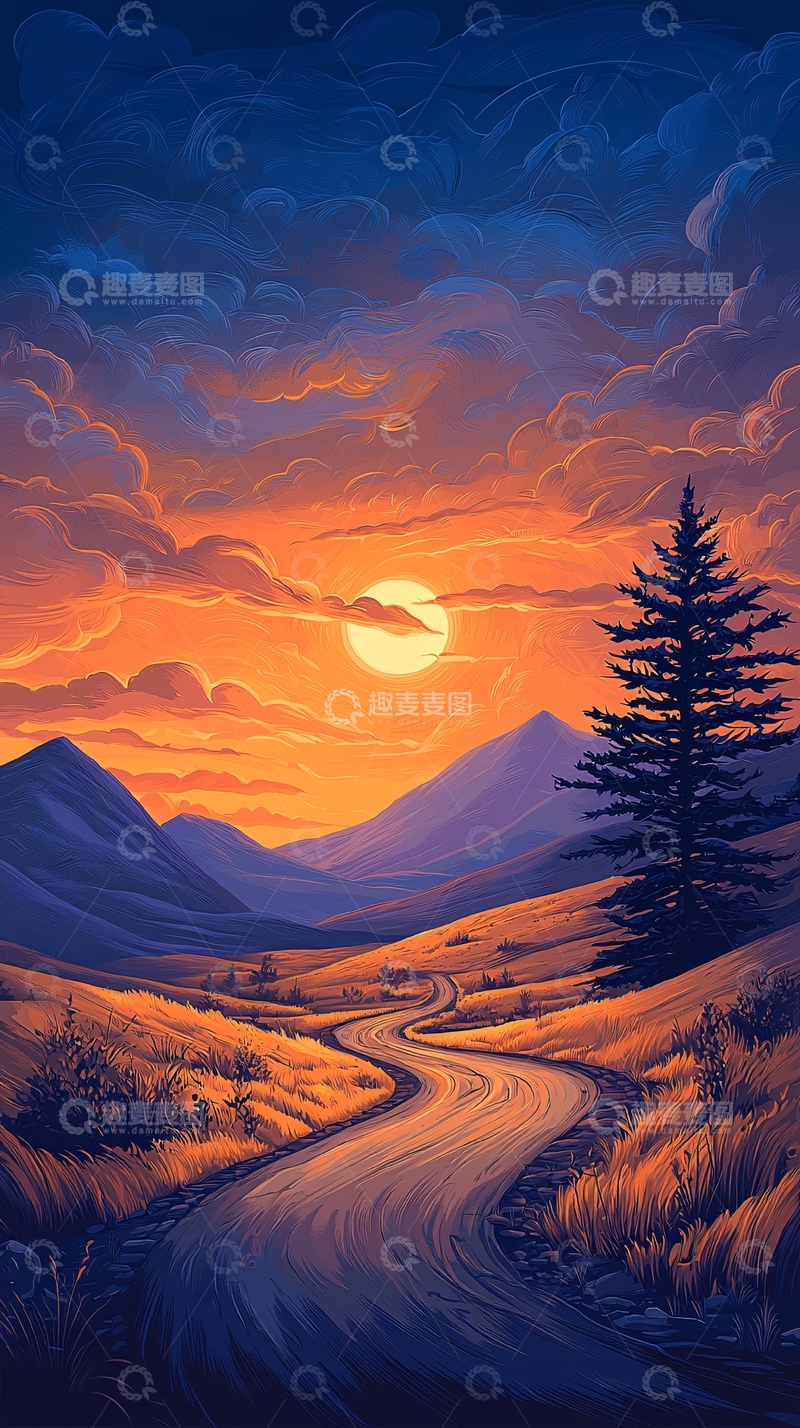 高清大图下载【趣麦麦图】夕阳下的山间小路