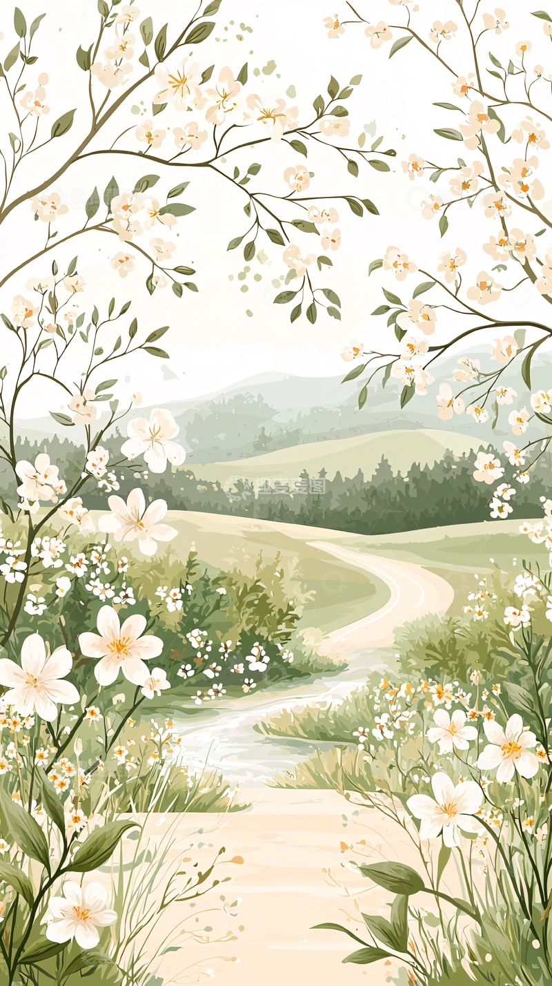 高清大图下载【趣麦麦图】春天乡村小路风景插画