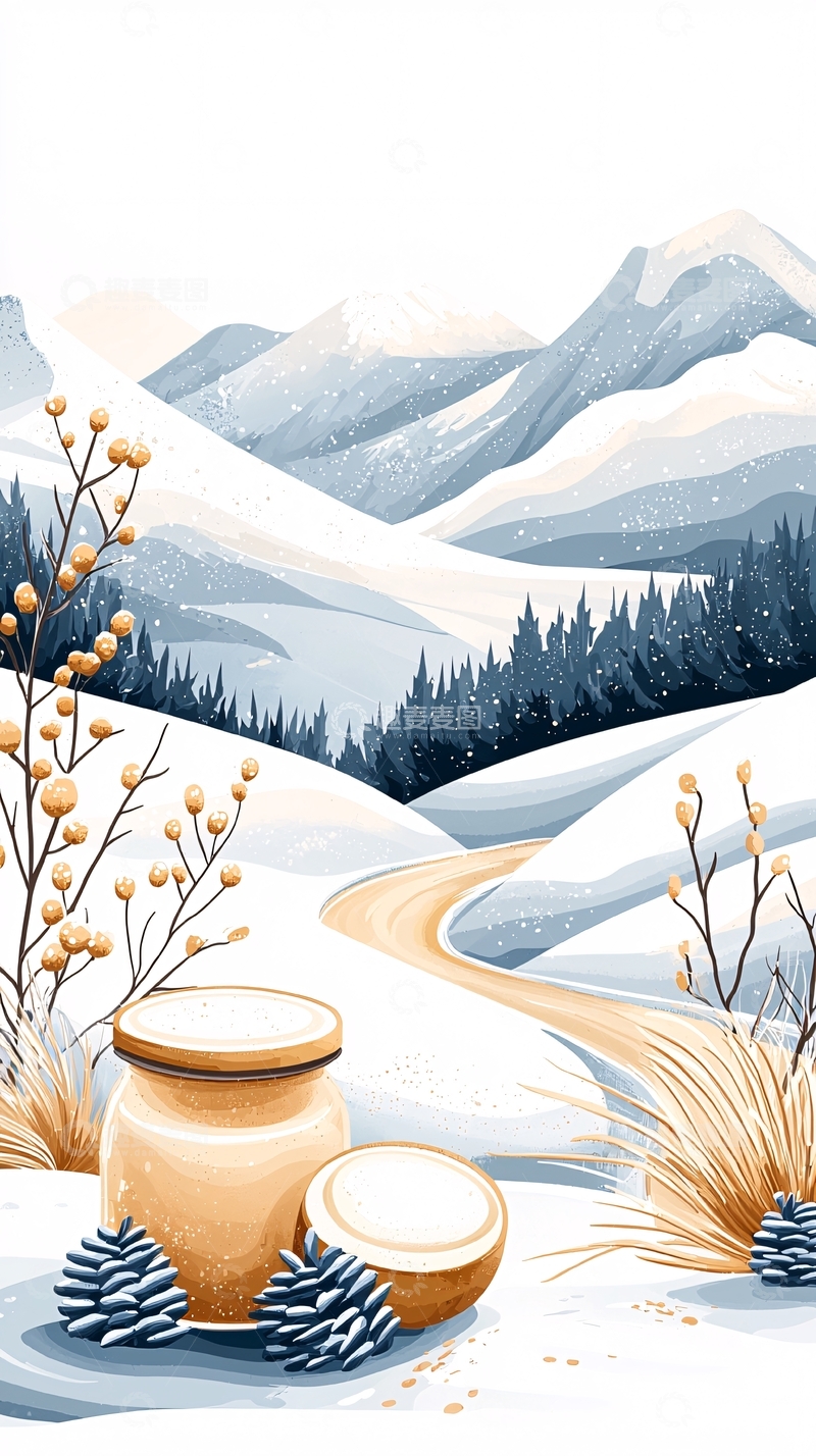 高清大图下载【趣麦麦图】冬日雪山下的蜂蜜与椰子