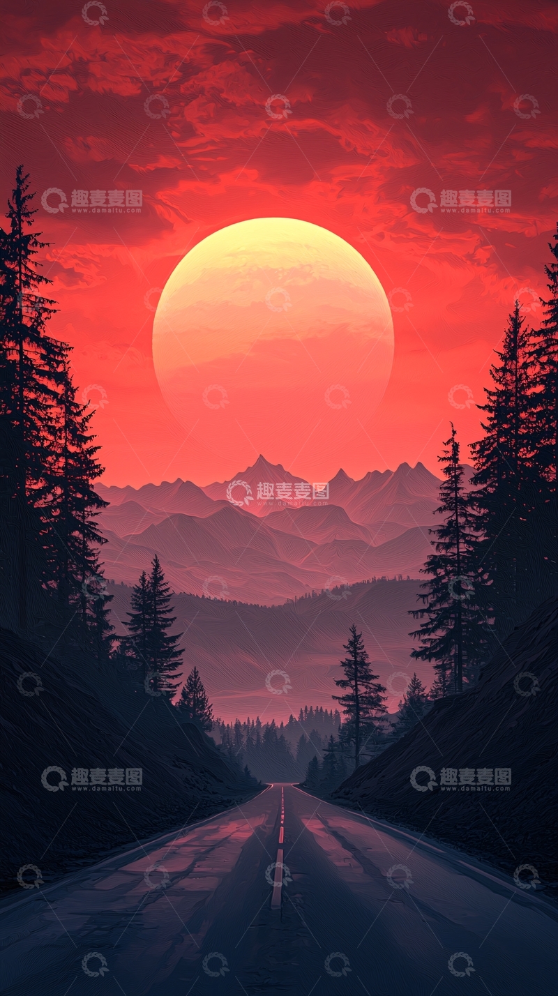 高清大图下载【趣麦麦图】夕阳下的山间公路