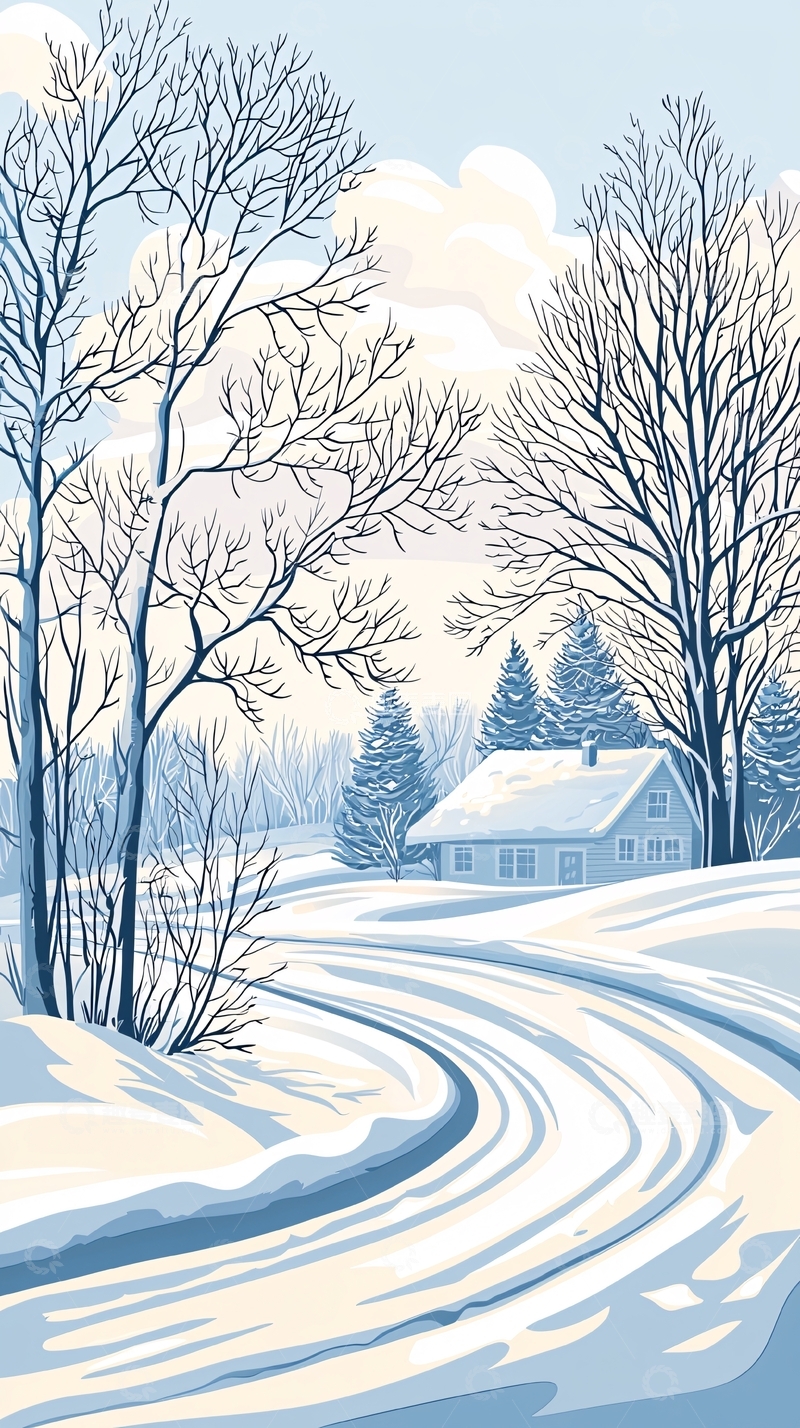 高清大图下载【趣麦麦图】冬日雪景小屋插画