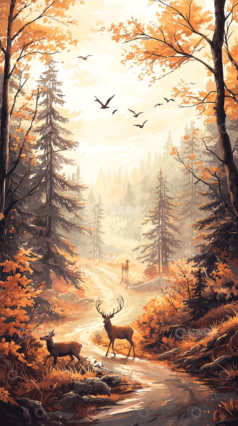 高清大图下载【趣麦麦图】秋日森林中的鹿群