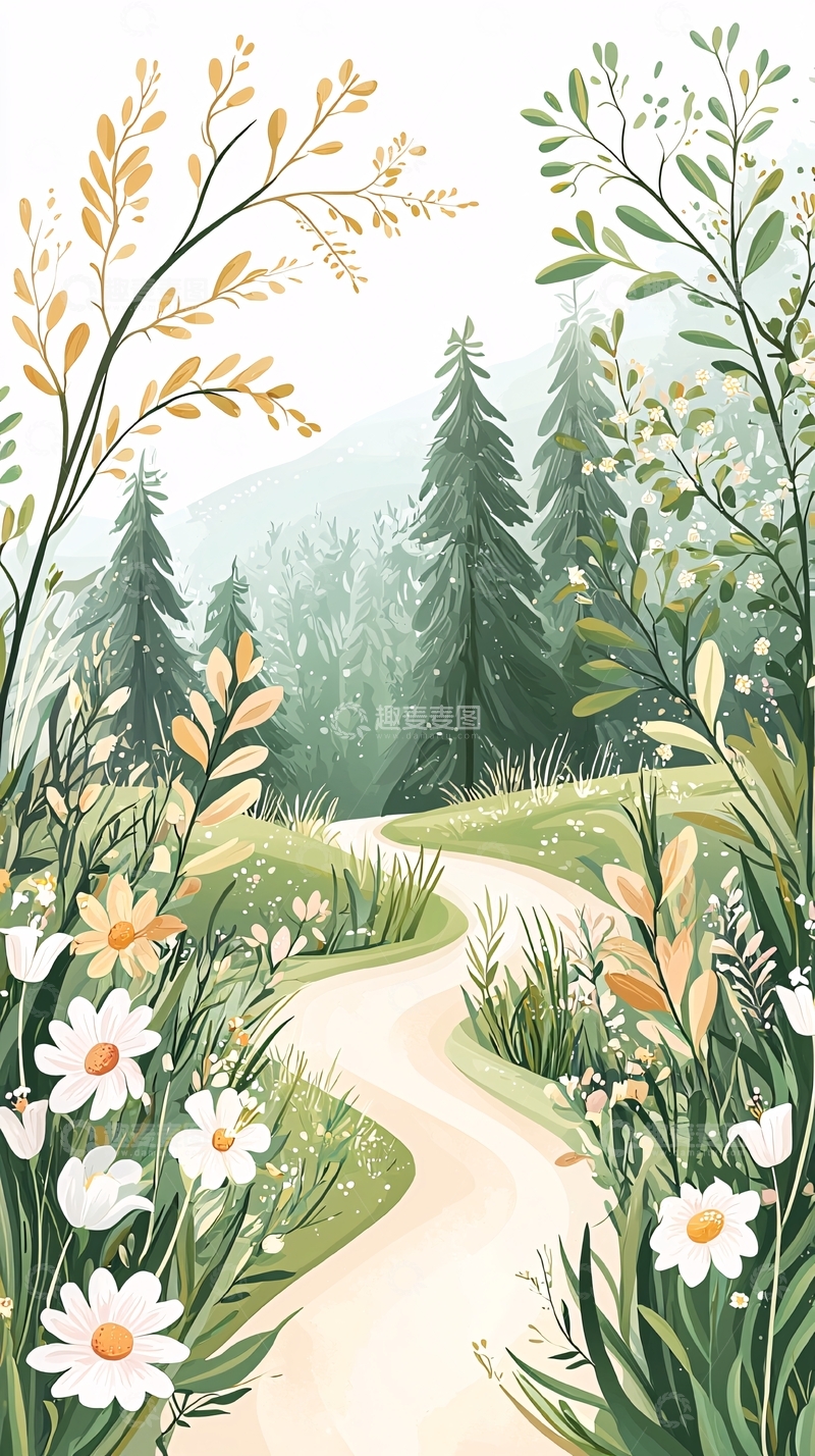 高清大图下载【趣麦麦图】森林小径自然风景插画