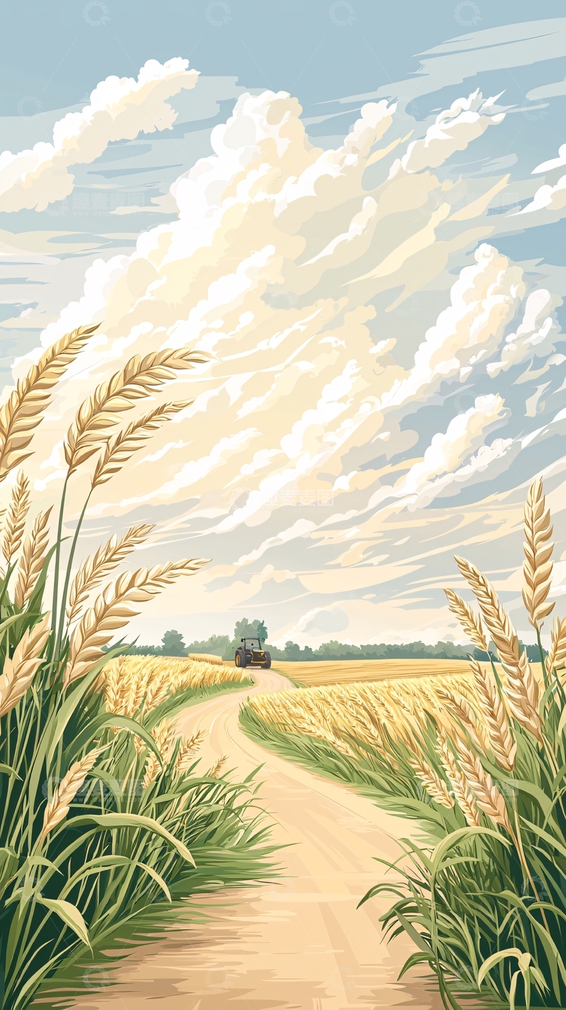 高清大图下载【趣麦麦图】金黄麦田与拖拉机