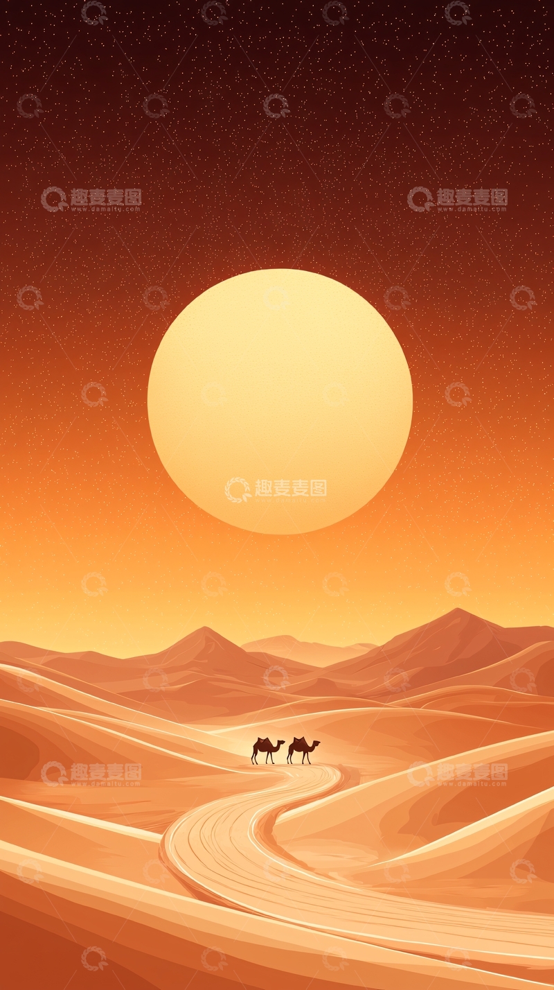 高清大图下载【趣麦麦图】沙漠日落骆驼行进图