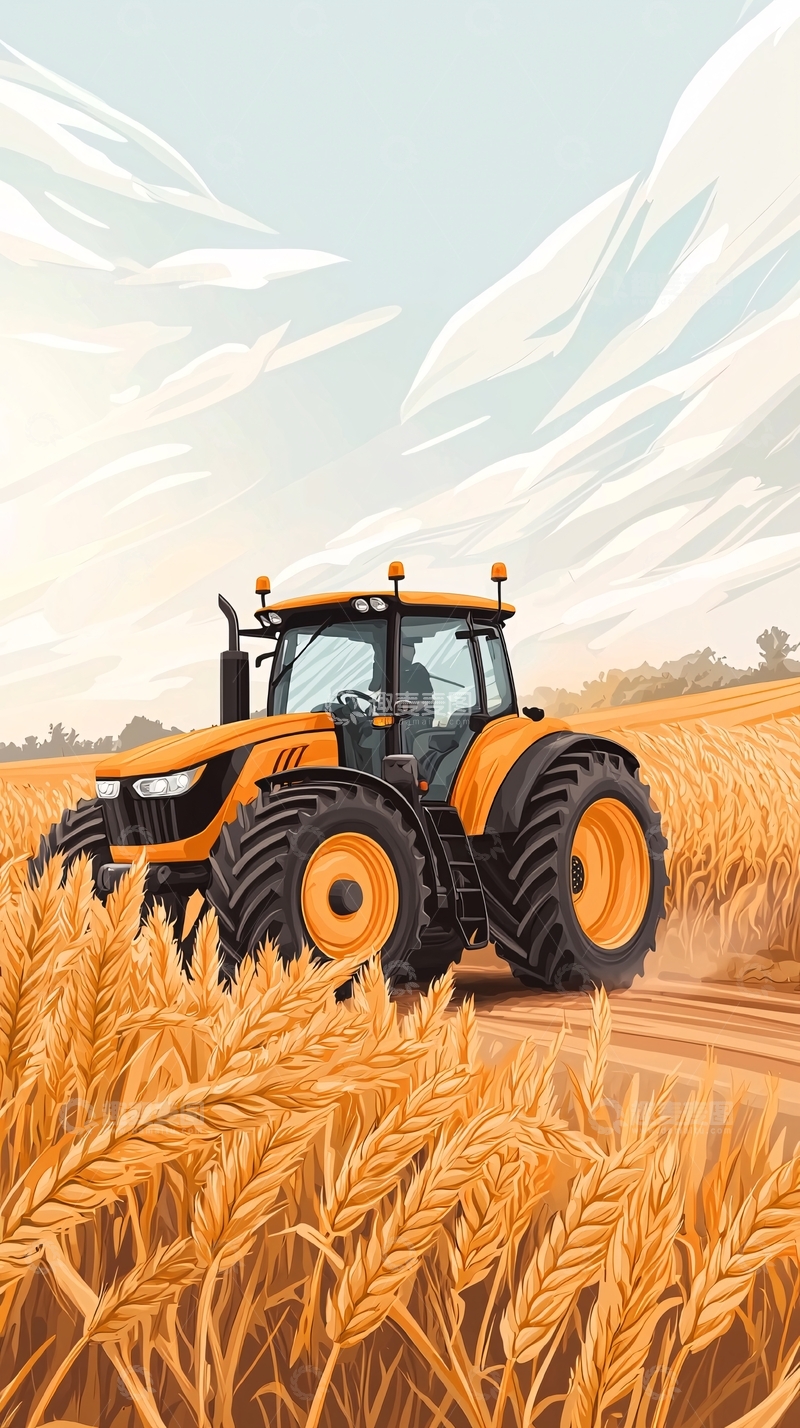高清大图下载【趣麦麦图】黄色拖拉机在麦田中行驶