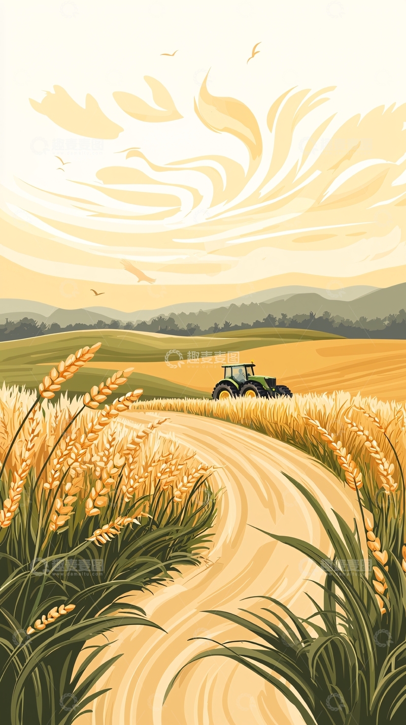 高清大图下载【趣麦麦图】金色麦田与拖拉机
