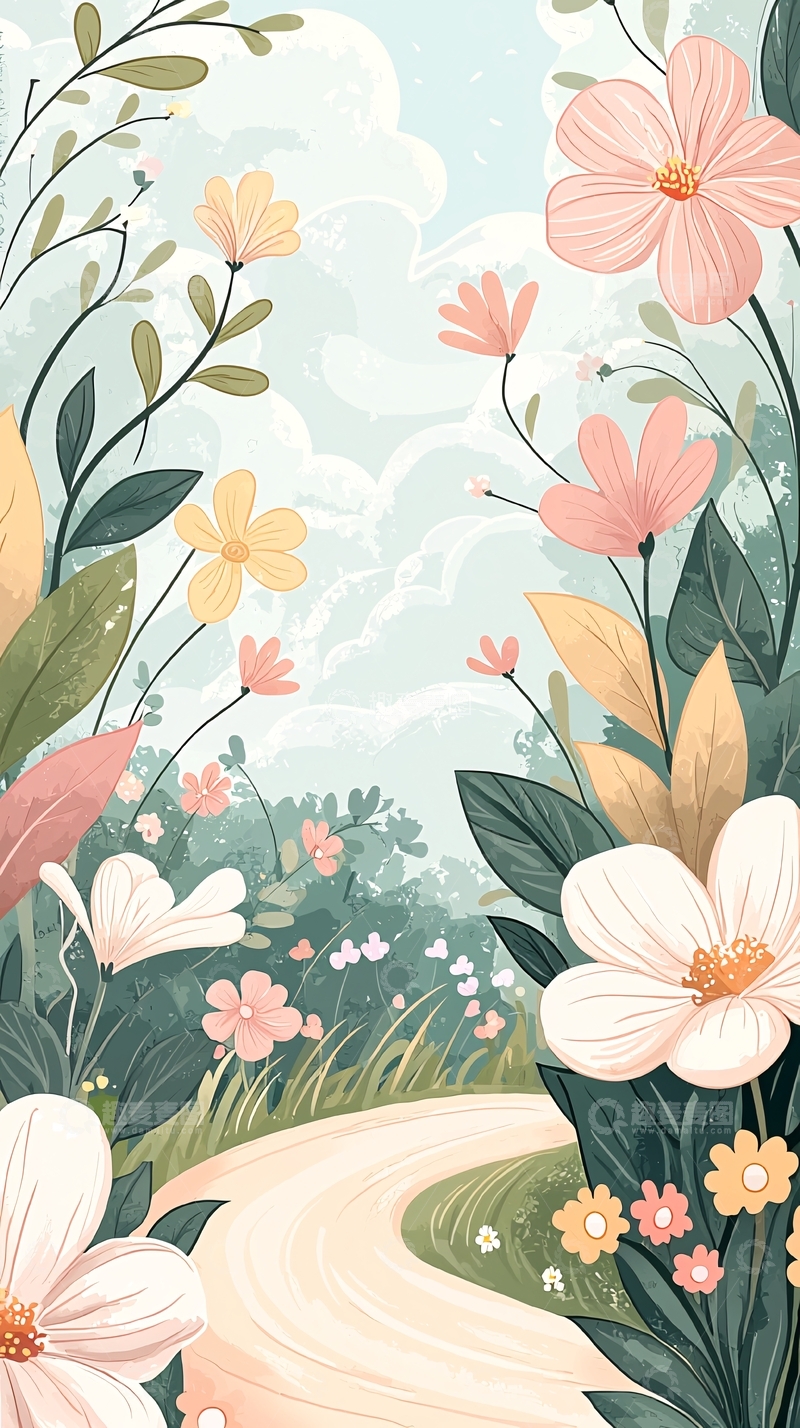 高清大图下载【趣麦麦图】春日花园小径风景插画