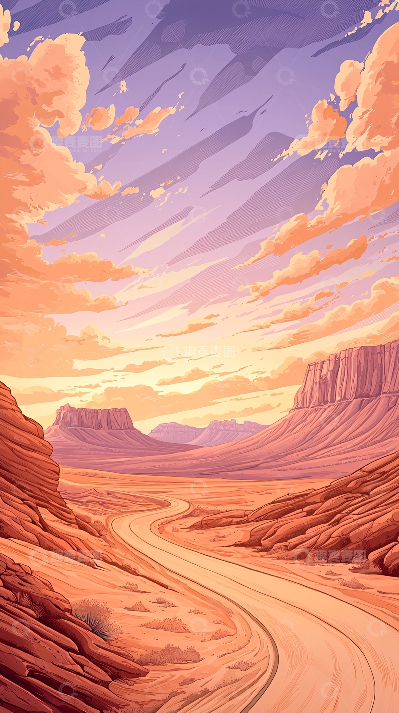 高清大图下载【趣麦麦图】沙漠公路日落风景