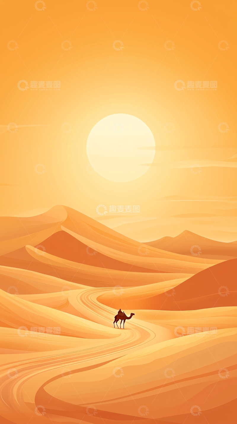 高清大图下载【趣麦麦图】沙漠日落骆驼行进图