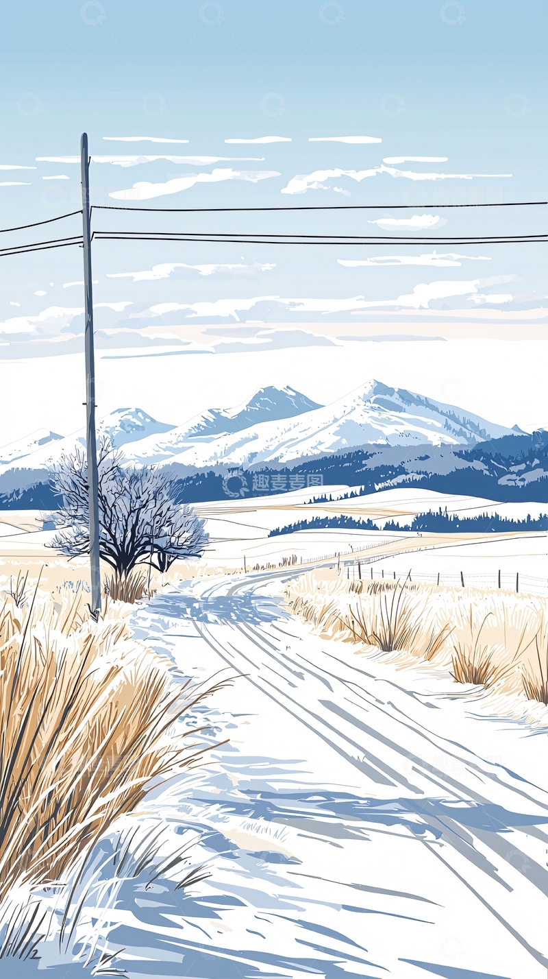 高清大图下载【趣麦麦图】冬日雪景中的乡村小路