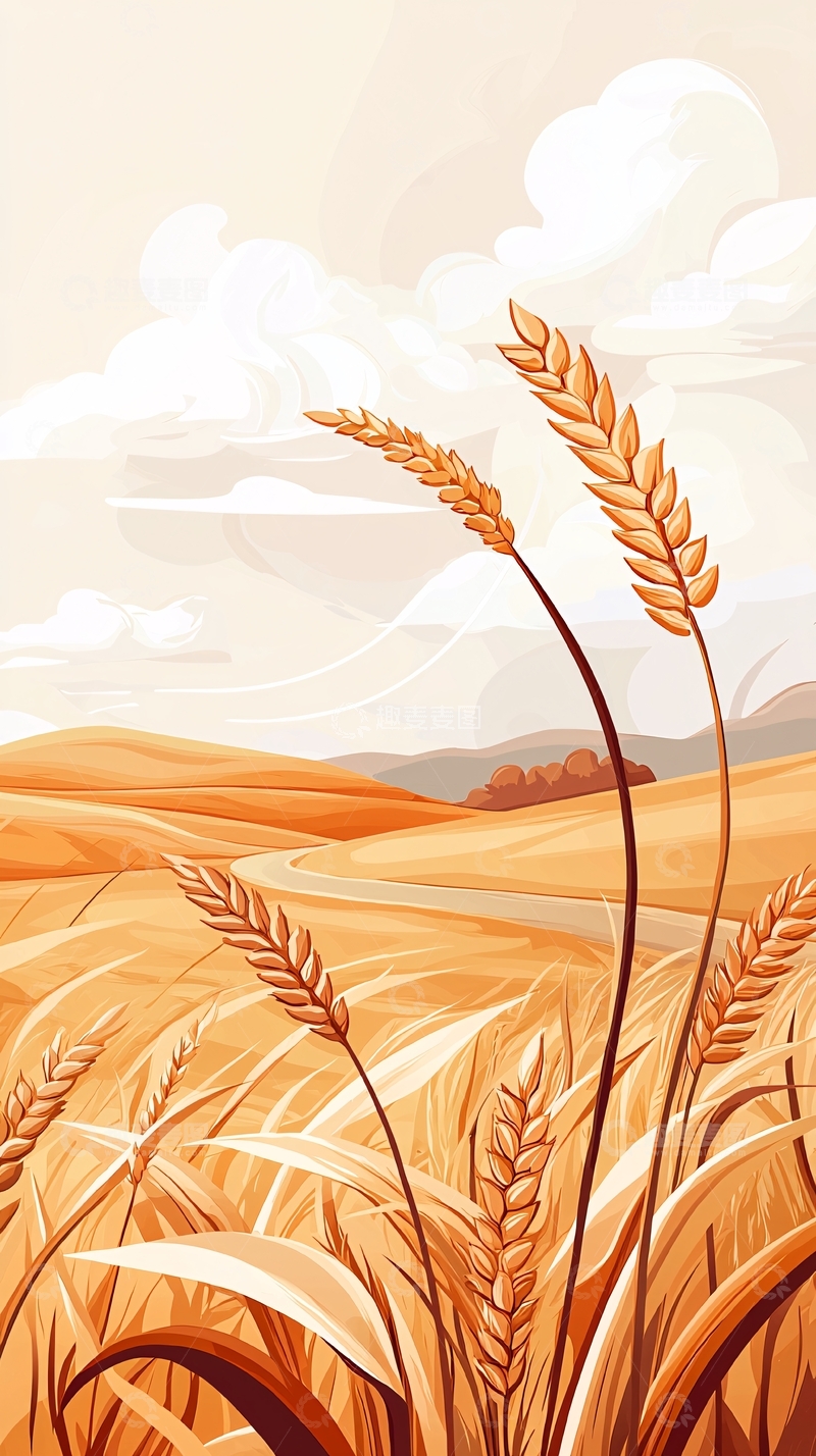 高清大图下载【趣麦麦图】金秋麦田风景插画