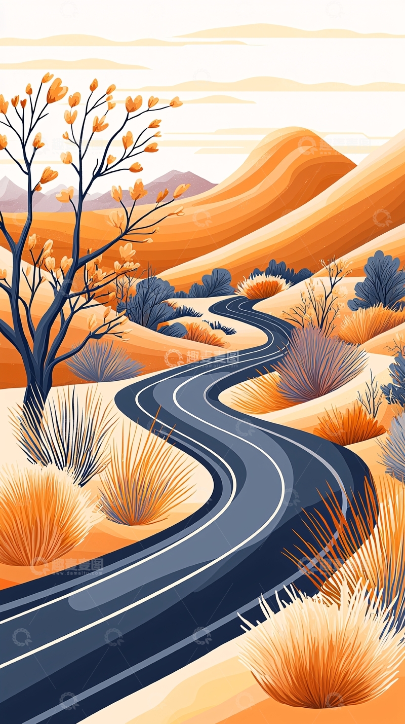 高清大图下载【趣麦麦图】沙漠公路风景插画