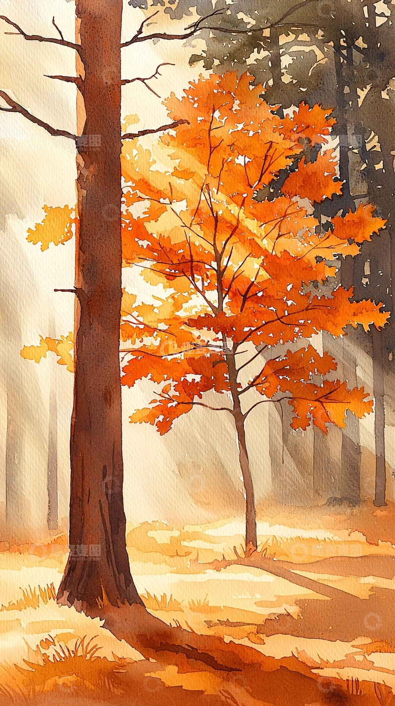 高清大图下载【趣麦麦图】秋日森林水彩画19