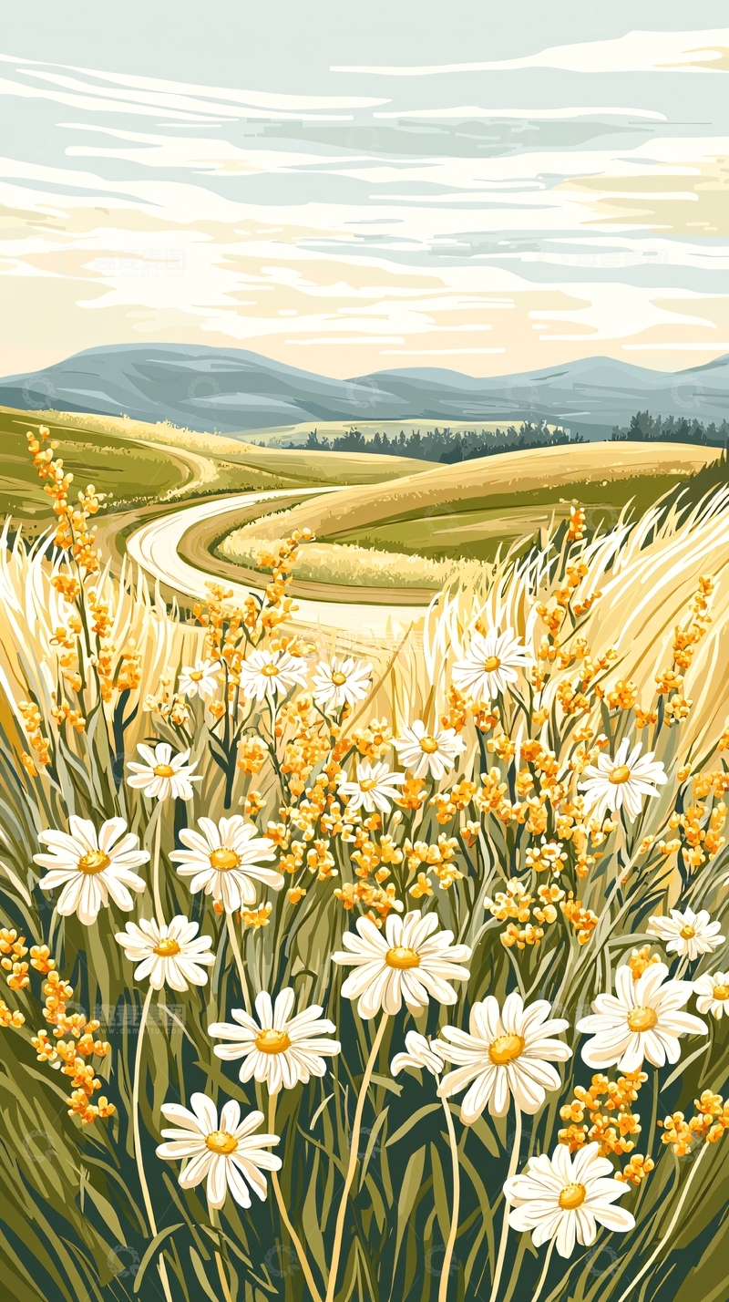 高清大图下载【趣麦麦图】田野上的雏菊与蜿蜒小路