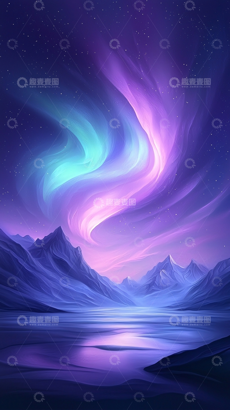 高清大图下载【趣麦麦图】梦幻极光山湖夜景