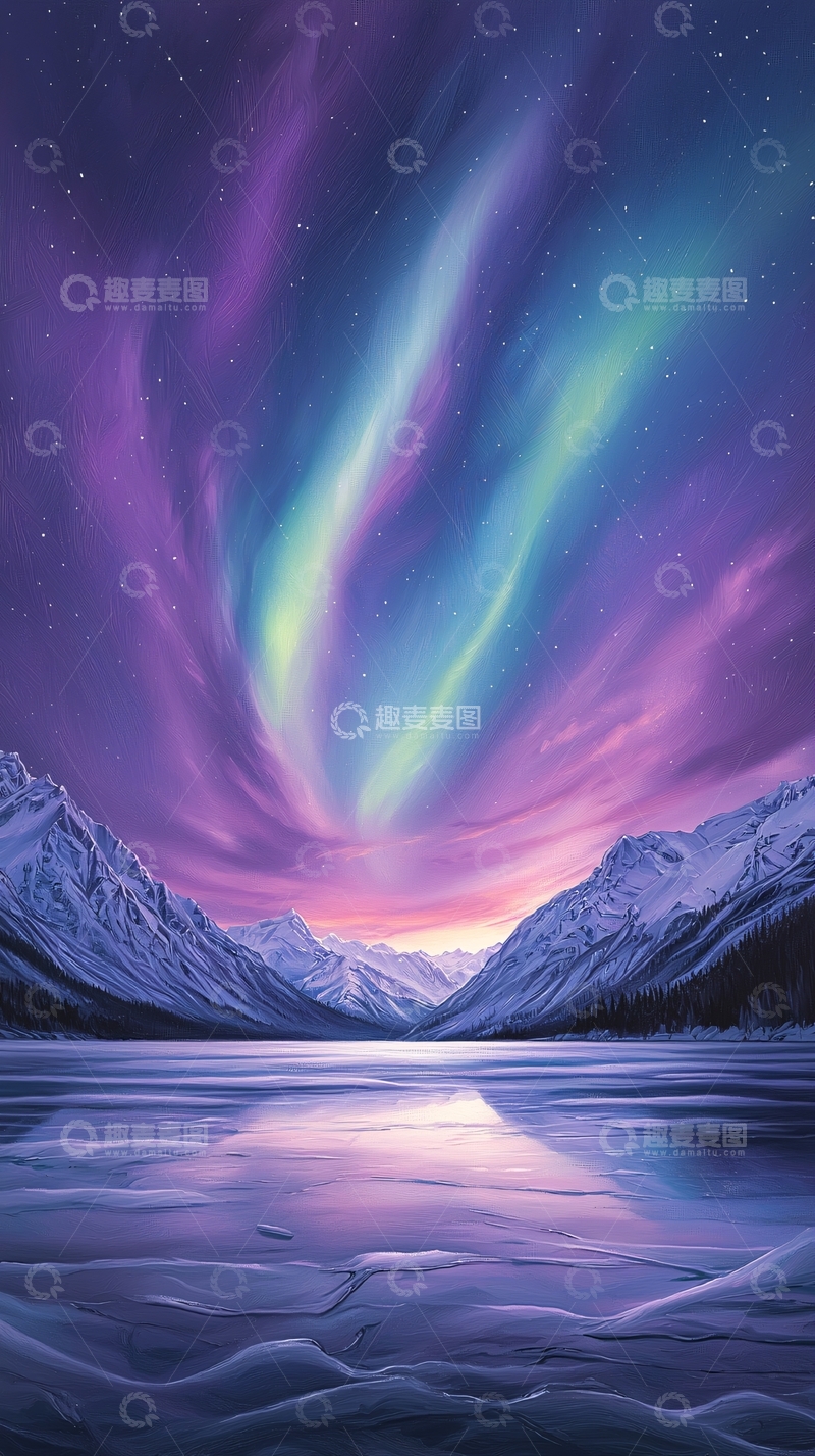 高清大图下载【趣麦麦图】极光下的雪山湖泊