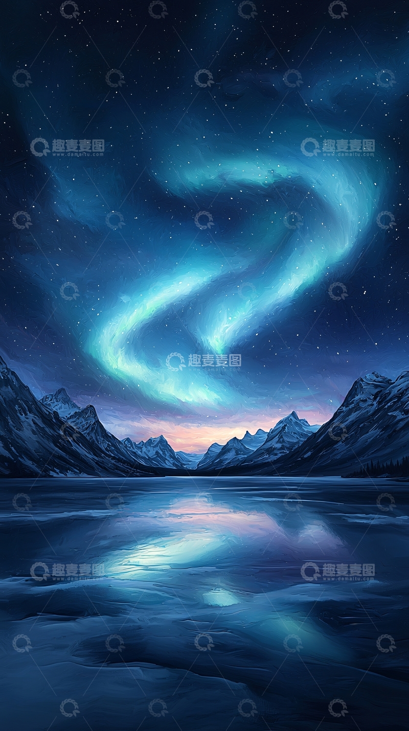 高清大图下载【趣麦麦图】极光下的雪山湖泊夜景