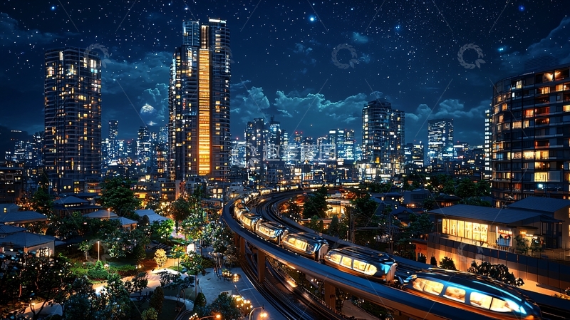 高清大图下载【趣麦麦图】未来城市夜景高铁穿梭