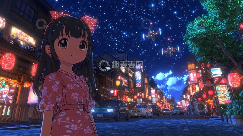 高清大图下载【趣麦麦图】夜晚霓虹灯下的动漫女孩