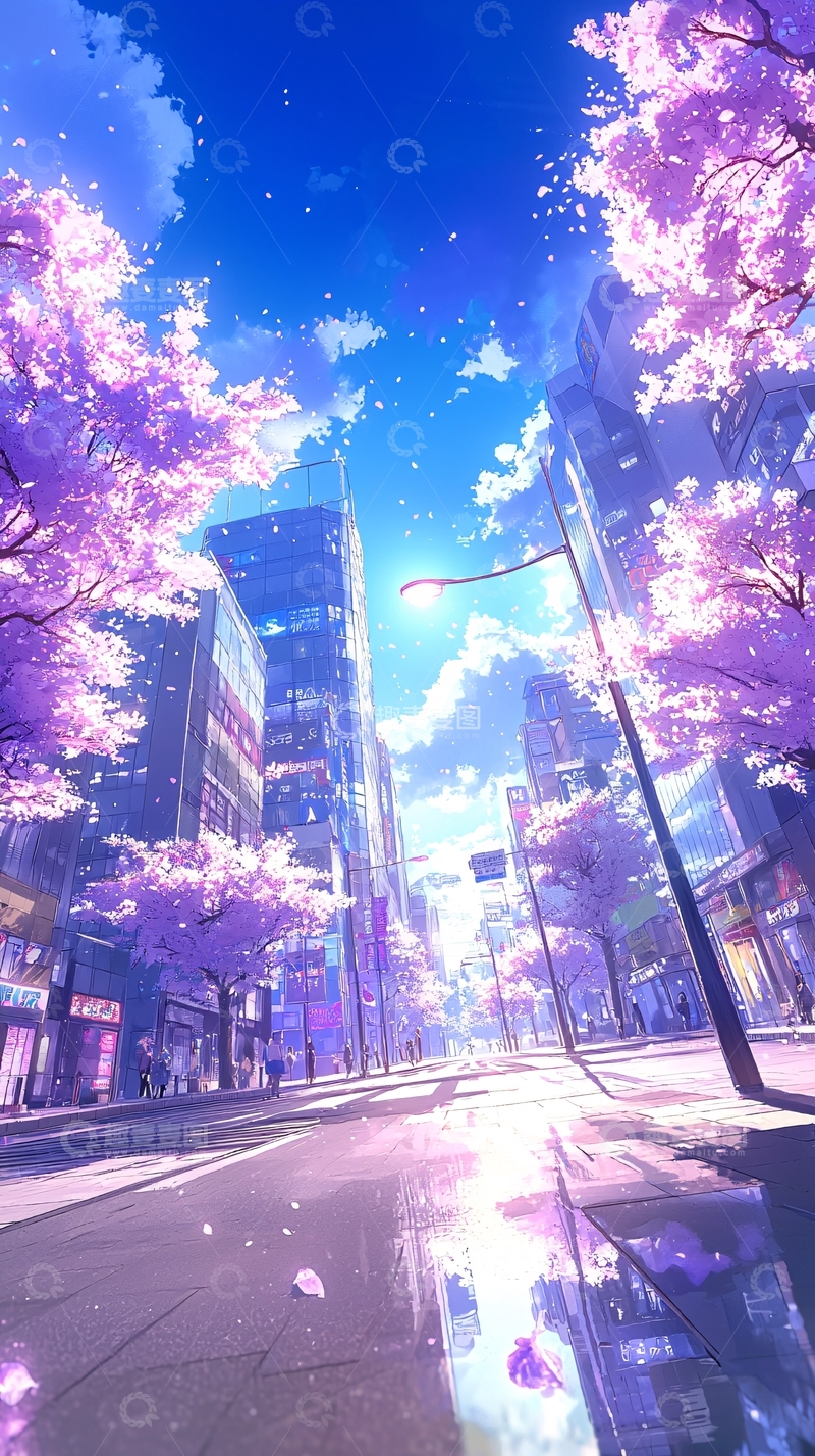 高清大图下载【趣麦麦图】樱花盛开的城市街景