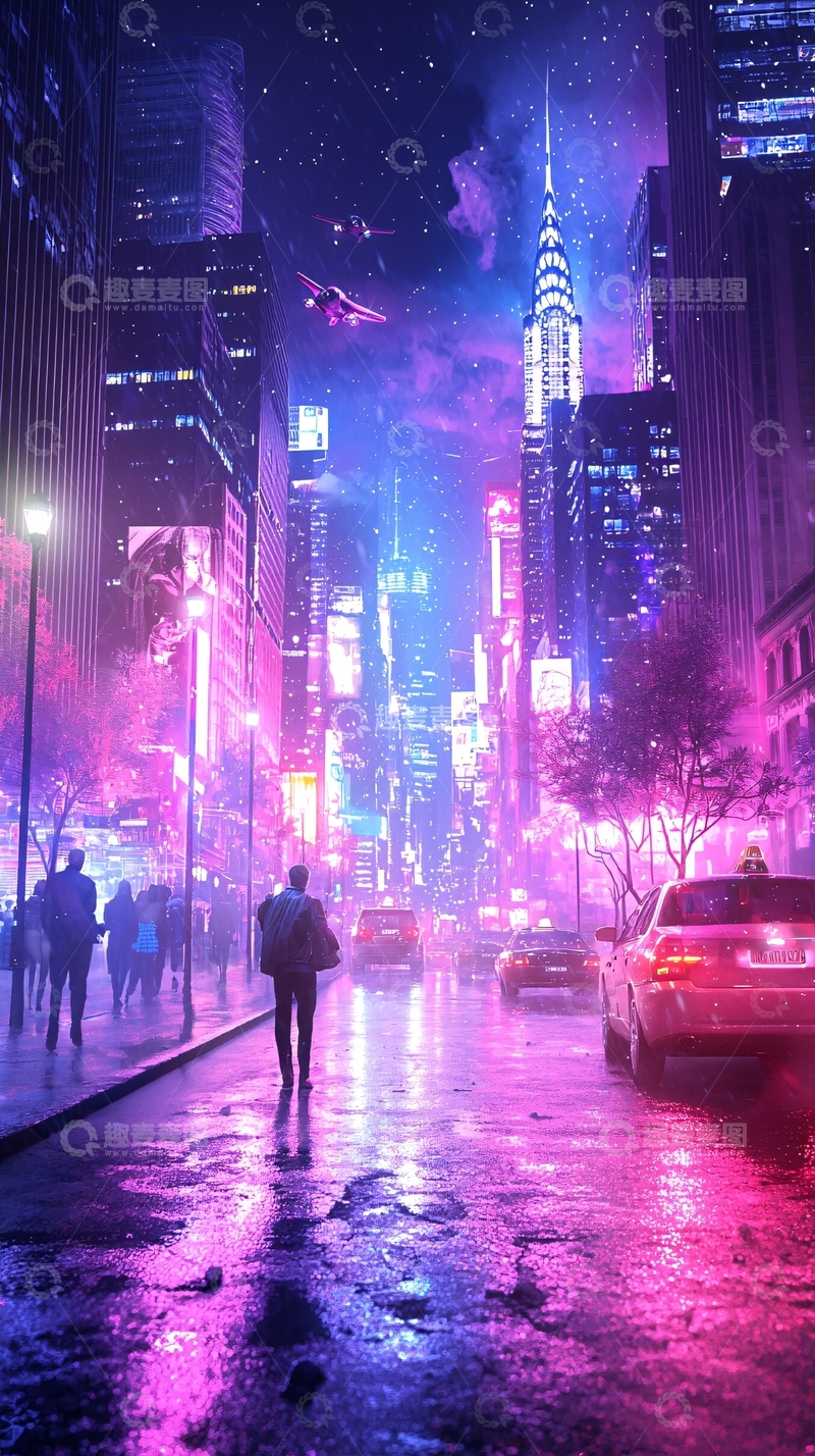 高清大图下载【趣麦麦图】霓虹雨夜城市街景